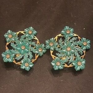 Vintage Plastic Floral Teal and Gold Clip Earrings with center rhinestones